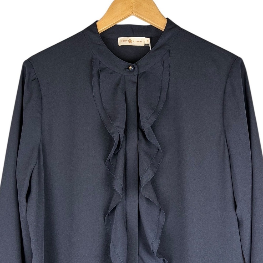 Tory Burch Jane Navy Ruffle Front Long Sleeve Shift Dress Size 14 NWT - Picture 3 of 14